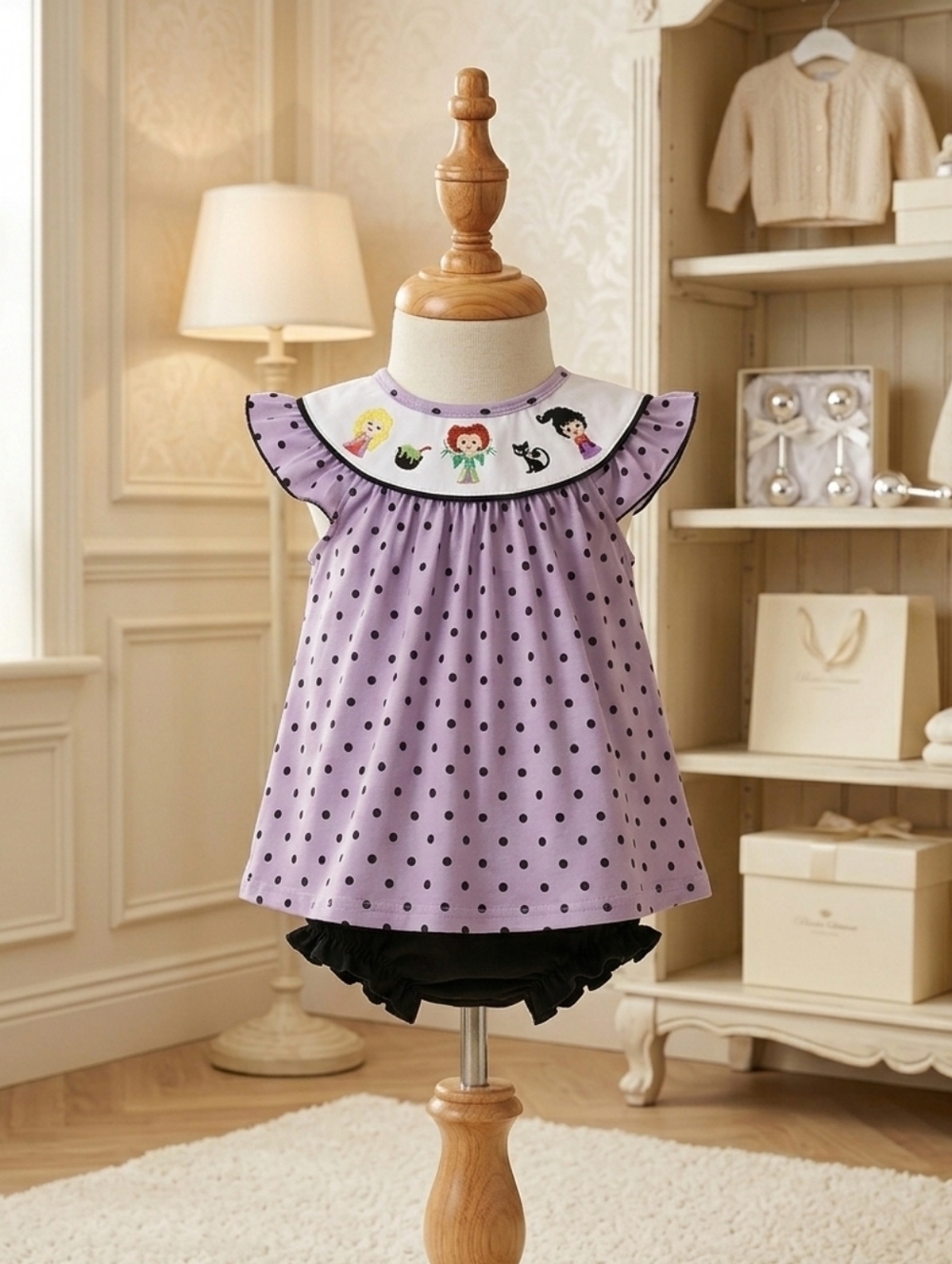 Purple Polka Dot Hocus Pocus  2pc Set with Black Bloomers